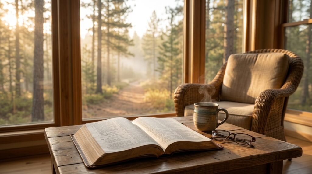 A serene landscape image featuring an open Bible on a rustic table overlooking a peaceful forest at sunrise, used as a guide to Christian meditation.
