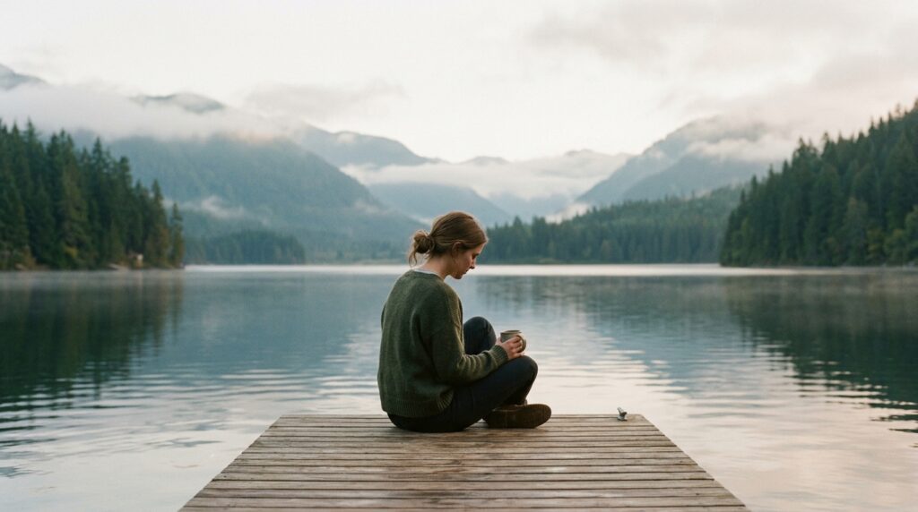 Alt Text: Woman sitting quietly on a wooden dock by a calm lake reflecting on soulmate loss and healing
