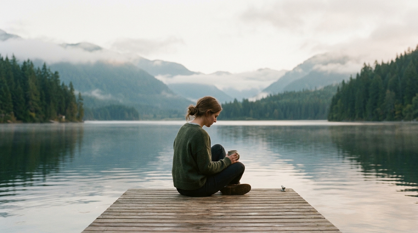 Alt Text: Woman sitting quietly on a wooden dock by a calm lake reflecting on soulmate loss and healing